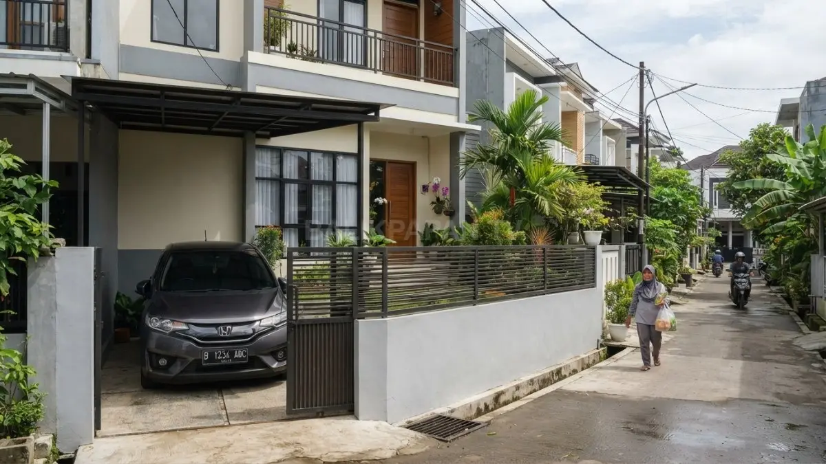 Dinding rendah berpadu besi menciptakan pagar rumah keluarga yang seimbang, aman, terbuka, dan tetap estetik