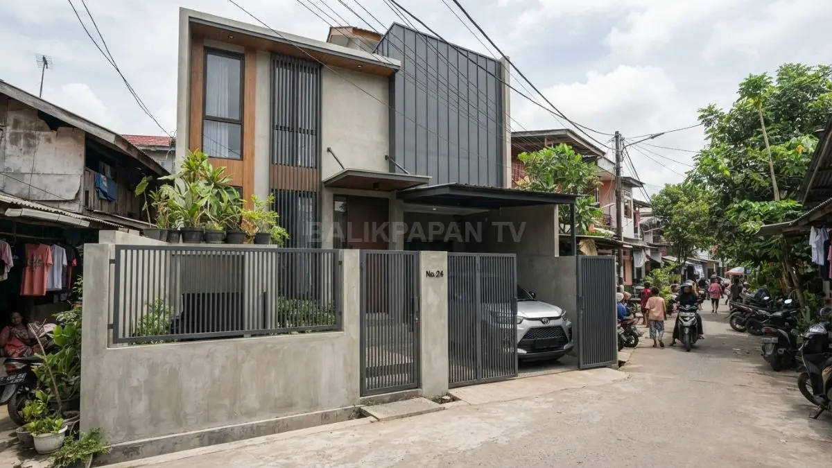 fasad rumah kecil di kawasan permukiman Balikpapan dengan pagar besi hollow vertikal, carport sempit, teras mungil, dan komposisi fasad yang terlihat lega.