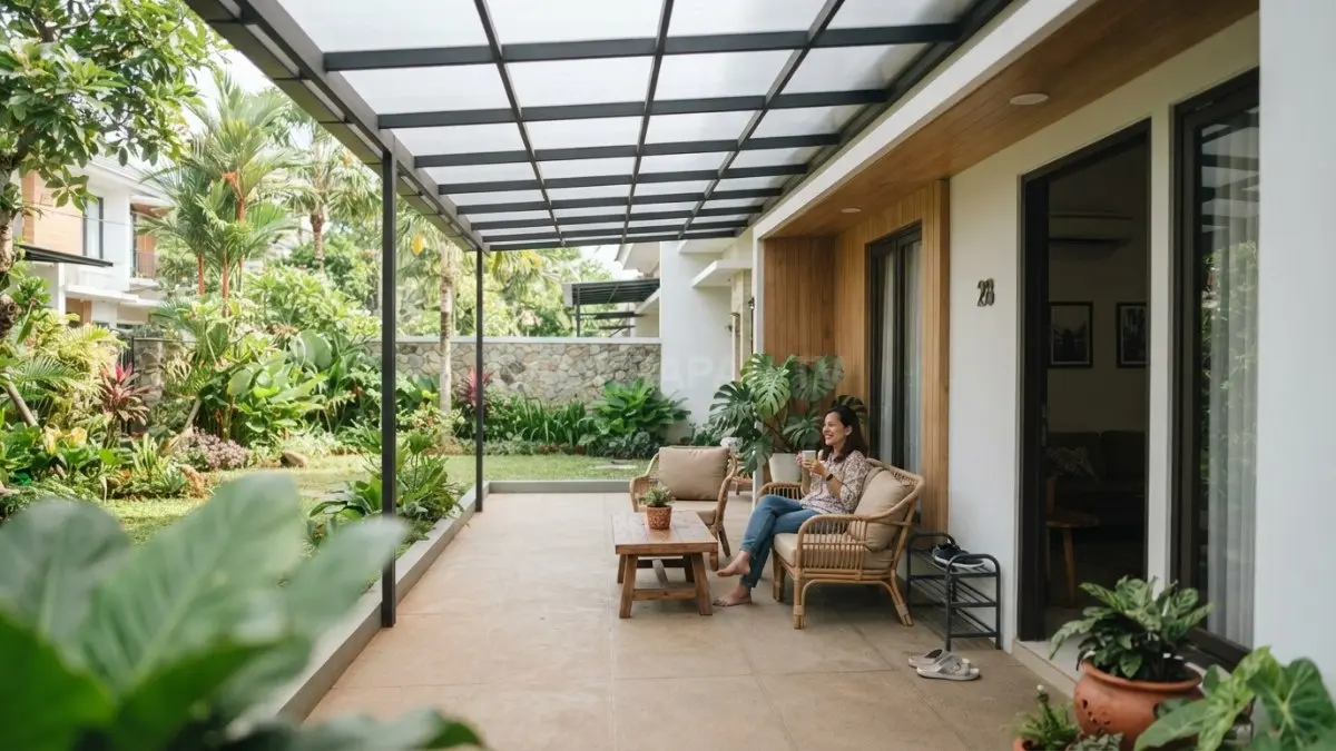 Kanopi memanjang melindungi teras aktif, menjaga kenyamanan, pencahayaan, dan ventilasi ruang semi-outdoor rumah tropis.
