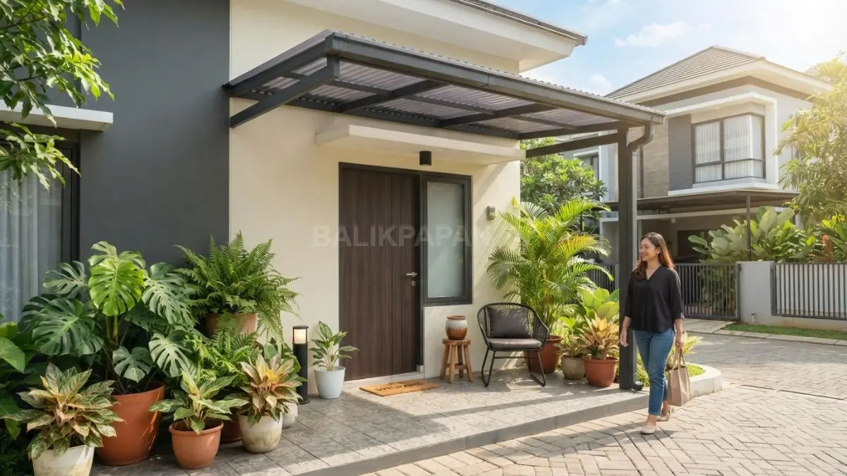 Kanopi ringkas melindungi pintu masuk dari hujan dan panas, sekaligus menjaga fasad rumah tetap ringan dan sederhana.