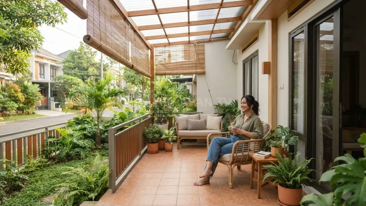 Kanopi rumah kecil sebaiknya tetap terbuka agar teras mendapat cahaya, pandangan luas, dan sirkulasi udara optimal.