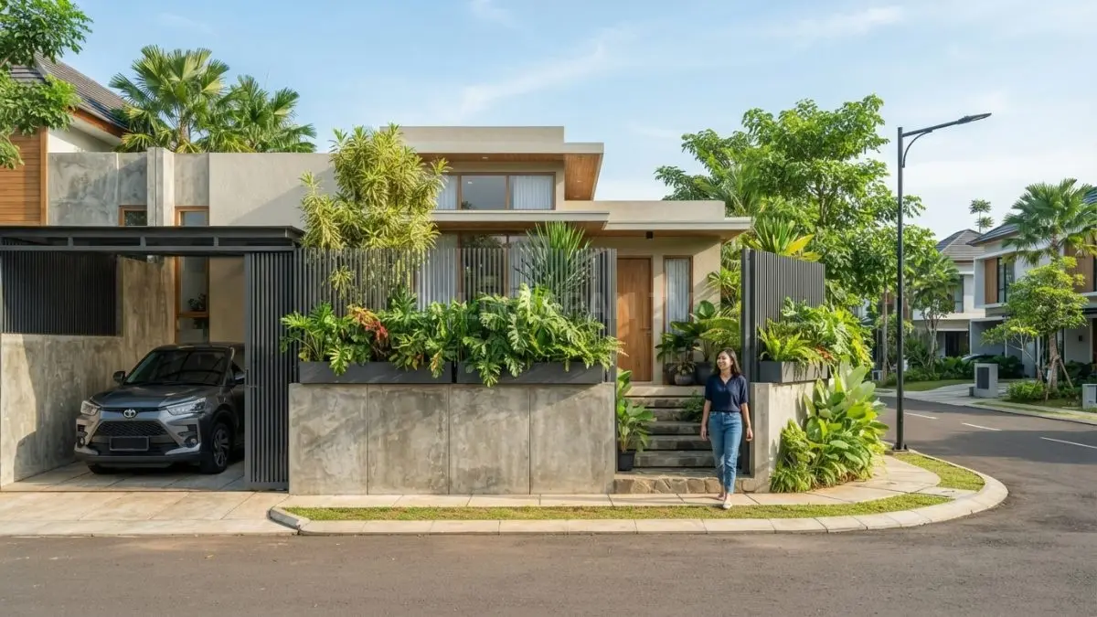 Kombinasi beton rendah dan kisi-kisi menciptakan pagar kokoh, terbuka, serta proporsional untuk fasad rumah minimalis.