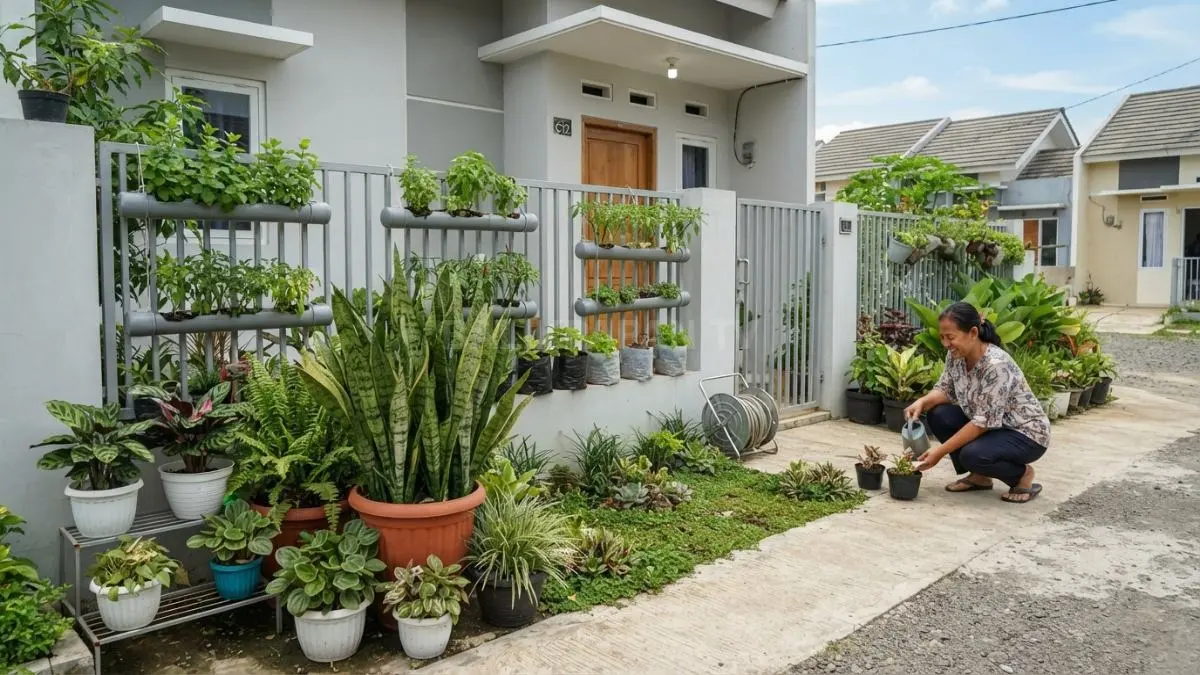 Kombinasi pot dan penutup tanah menciptakan halaman sempit tetap hijau, rapi, dan menarik secara visual
