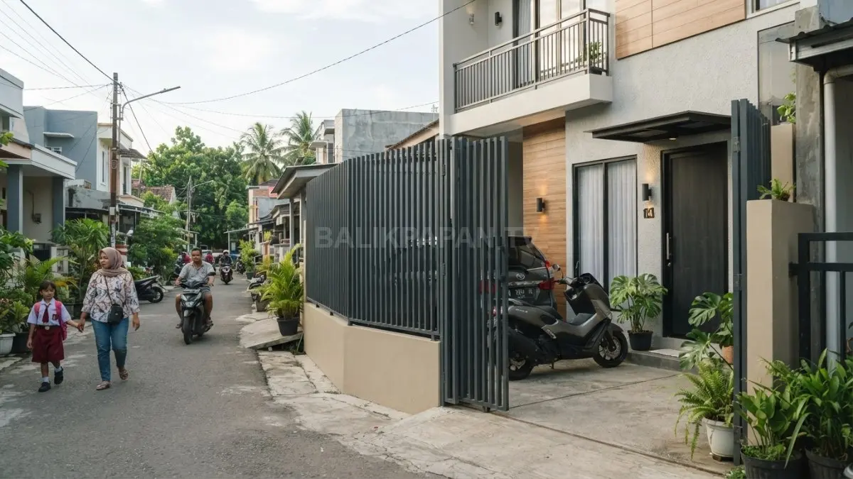 Pagar besi hollow dengan bilah vertikal menciptakan tampilan ringan, tegas, modern, dan memberi kesan fasad rumah lebih tinggi.