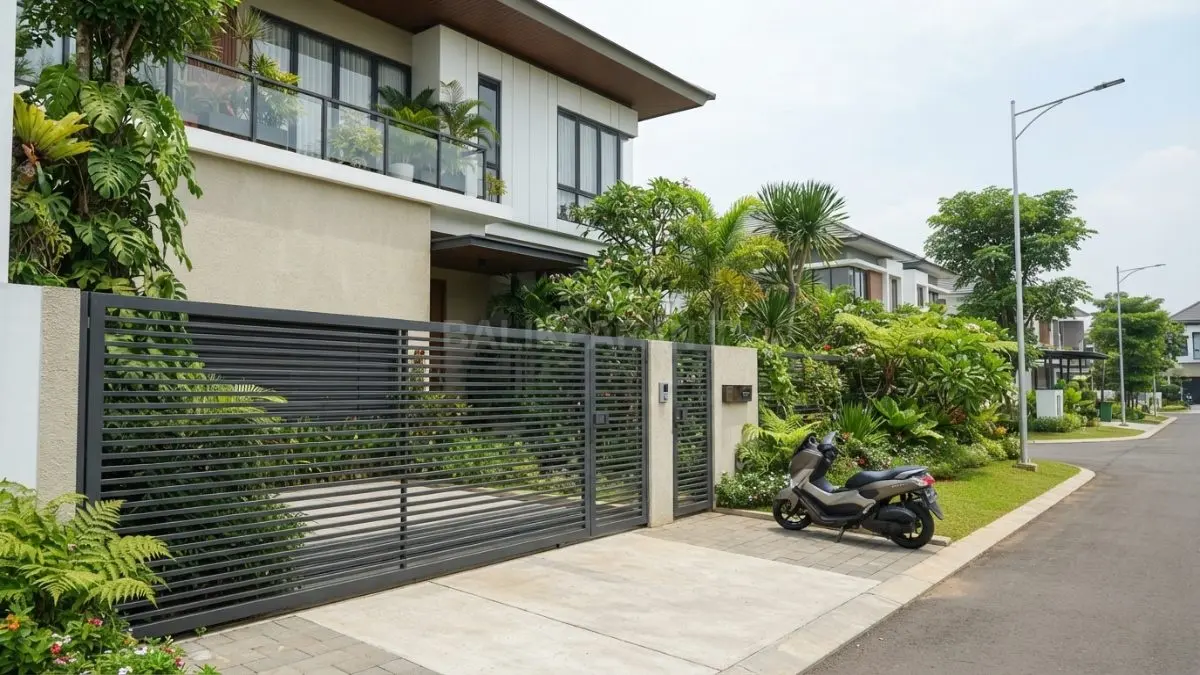 Pagar besi horizontal mempertegas kesan fasad rumah lebih lebar, modern, dan proporsional melalui susunan garis mendatar