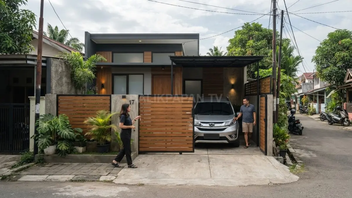 Pagar bilah horizontal memperkuat kesan lebar fasad rumah melalui komposisi garis yang teratur dan proporsional