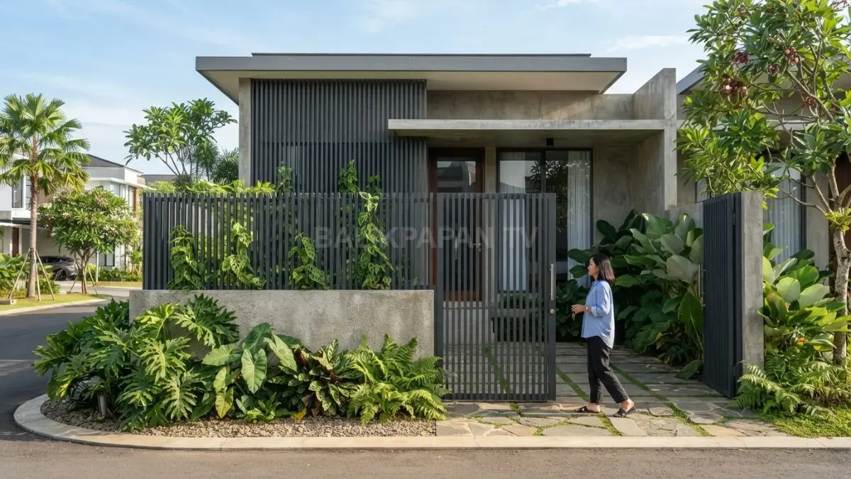 Pagar rumah kecil bergaya modern-tropis di PPU dengan bilah vertikal, beton rendah, tanaman, dan fasad sederhana