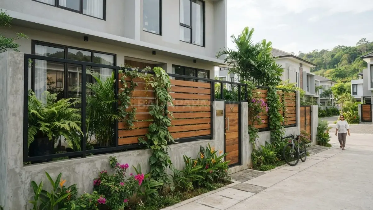 Pagar rumah kecil dengan aksen kayu dan bidang terbuka menciptakan tampilan hangat, ringan, serta tetap modern.