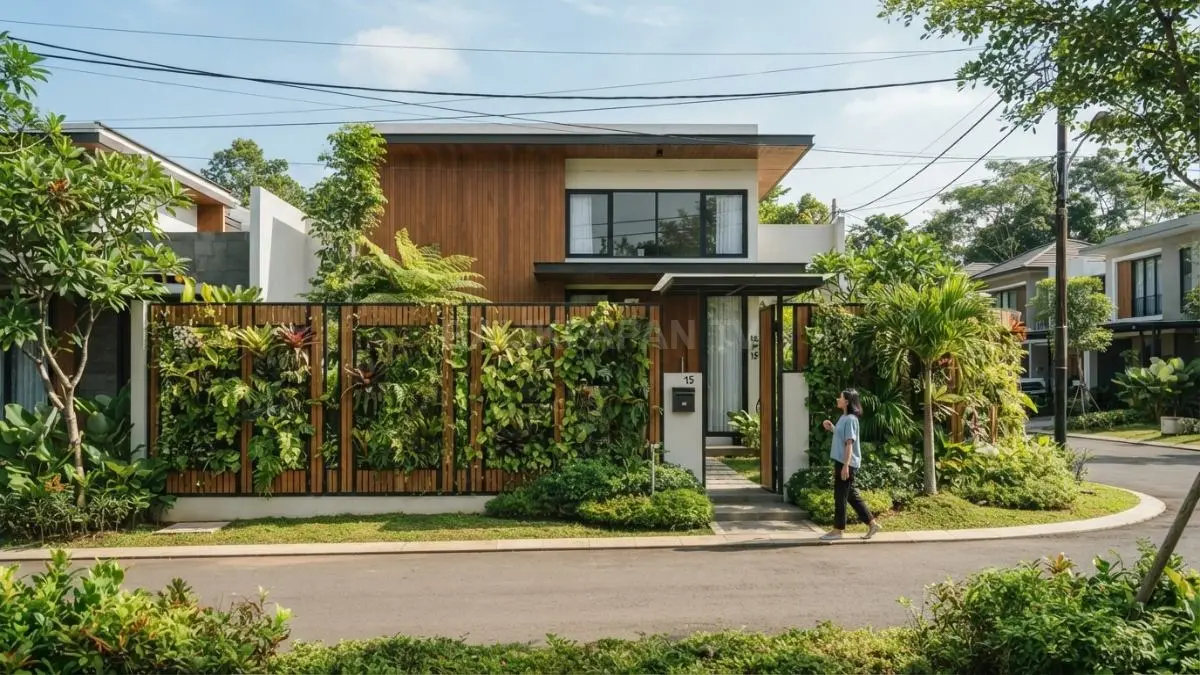 Pagar terbuka berpadu vegetasi sebagai lapisan fasad, menciptakan batas visual sekaligus mempertahankan hubungan rumah dengan lingkungan.