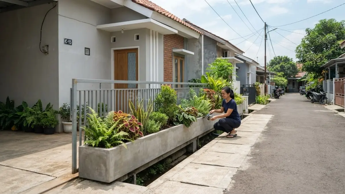 Planter box memanjang membuat taman rumah lebih teratur, rapi, dan mudah dirawat sepanjang pagar teras.