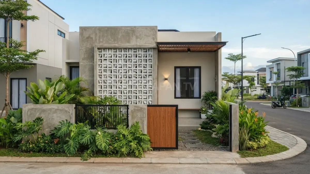 Roster menjadi aksen modern-tropis pada pagar rumah, menciptakan permainan cahaya, bayangan, dan karakter visual.