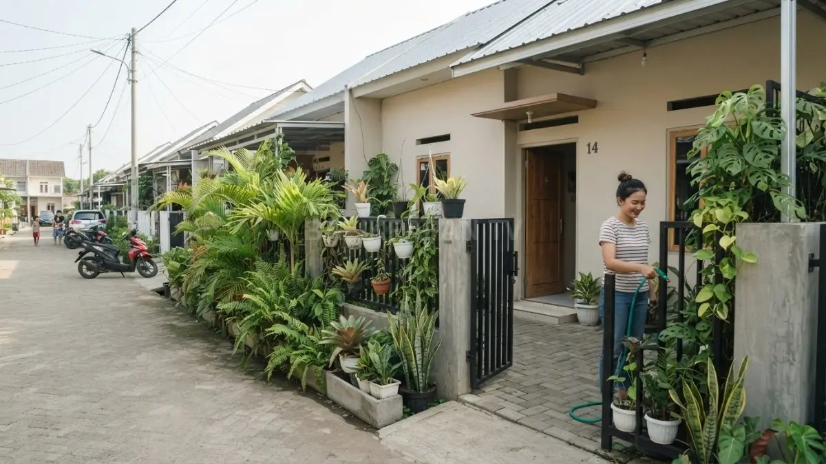Taman linear memanjang mengikuti pagar, menyisakan area tengah halaman untuk akses kendaraan dan pejalan kaki.