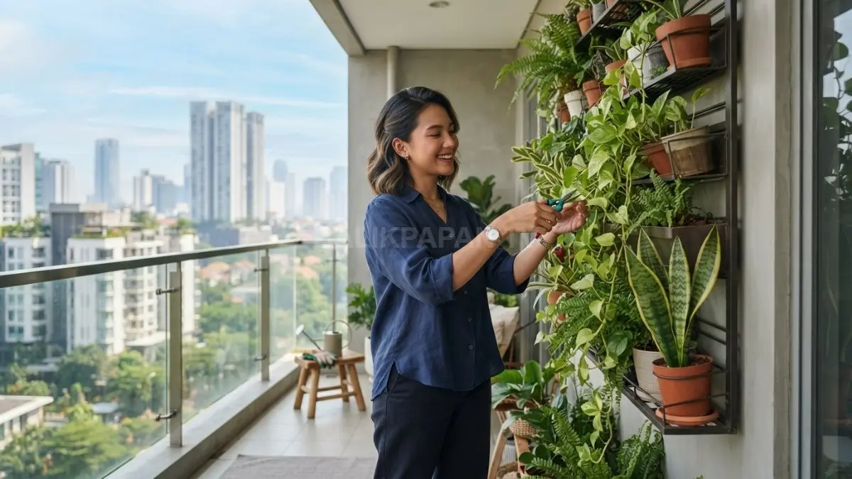 Taman vertikal menghadirkan suasana hijau di teras kecil tanpa mengurangi ruang lantai untuk aktivitas harian.