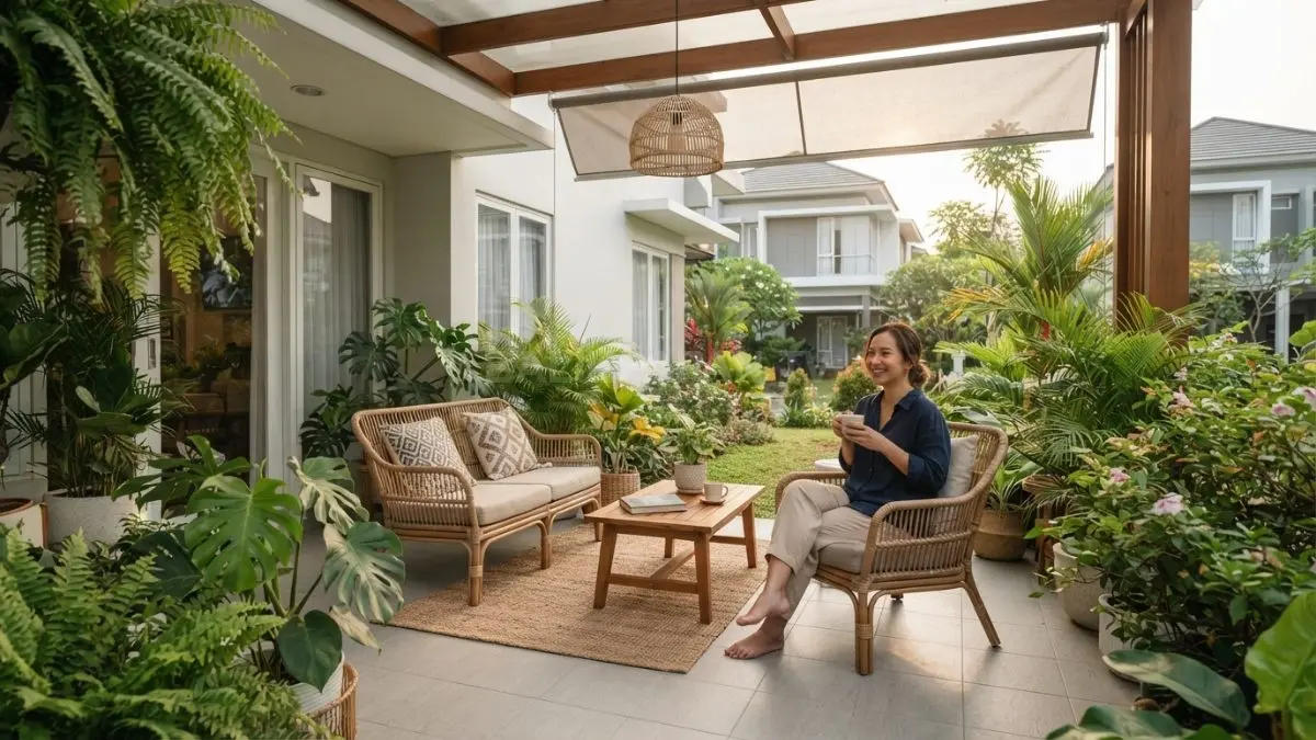 Teras rumah kecil dengan furnitur compact, tanaman, warna netral, dan jalur lantai yang lapang.