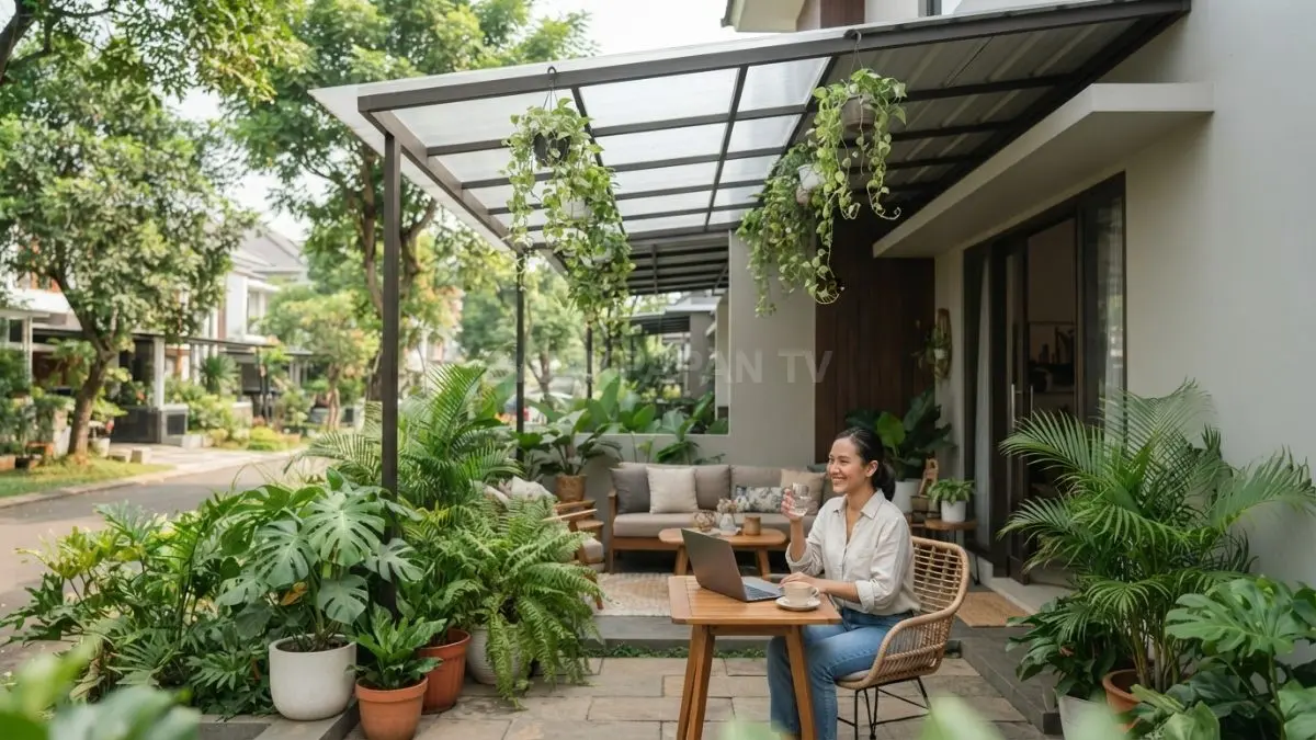 Teras rumah kecil dengan kanopi transparan menjaga cahaya alami sekaligus menyediakan area aktivitas.