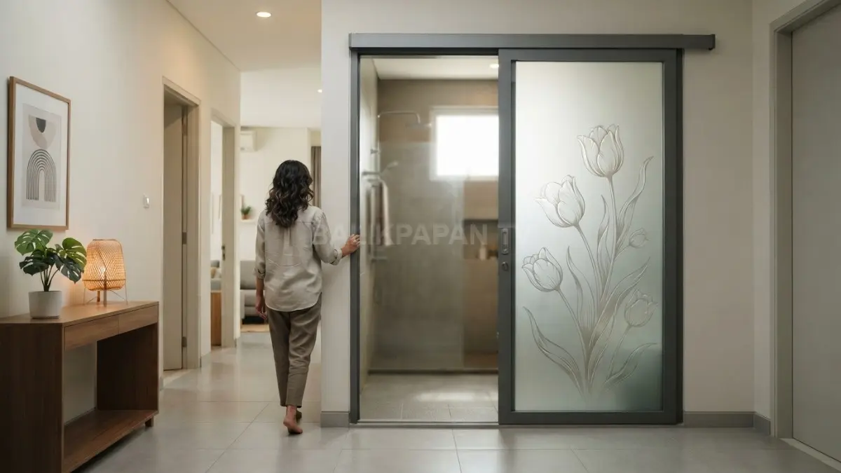 Pintu kamar mandi perlu hemat ruang, tahan lembap, mudah dibersihkan, dan aman dari cipratan air.