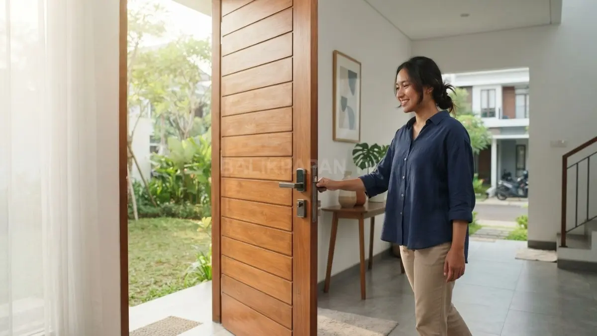 Pintu utama perlu konstruksi kokoh, sistem penguncian aman, serta material tahan cuaca untuk penggunaan harian.
