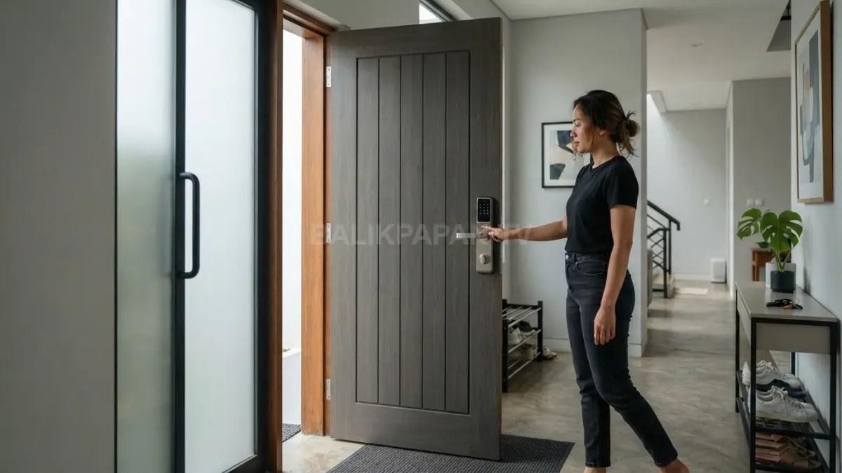 Pintu utama perlu konstruksi kokoh, sistem penguncian tepat, serta material yang mampu menghadapi cuaca dan penggunaan harian.