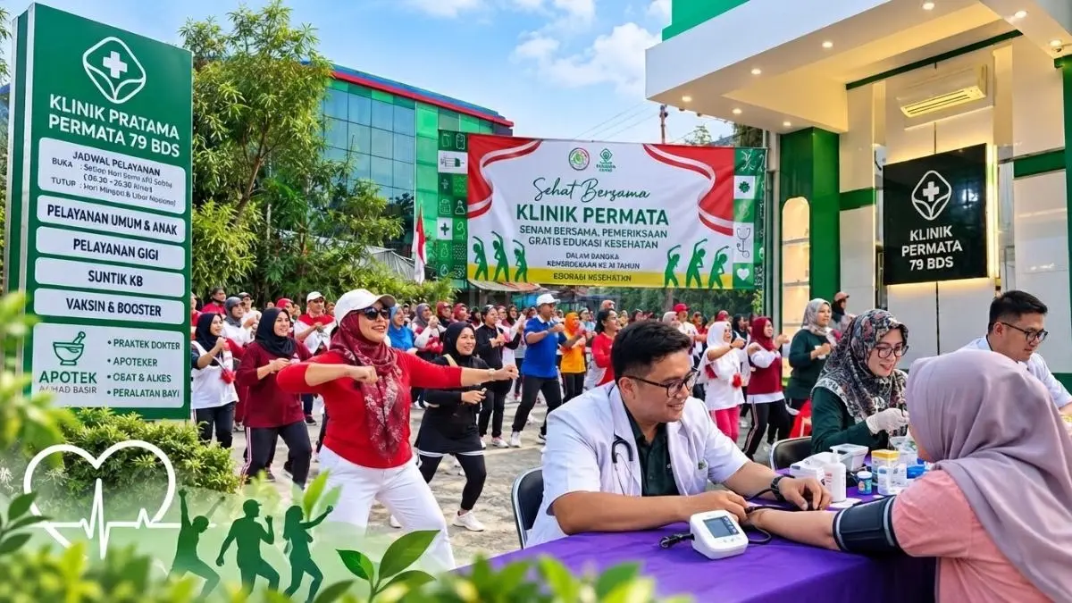 Ratusan warga mengikuti senam pagi bersama Klinik Permata 79 BDS dalam suasana kawasan ramai sekitar.