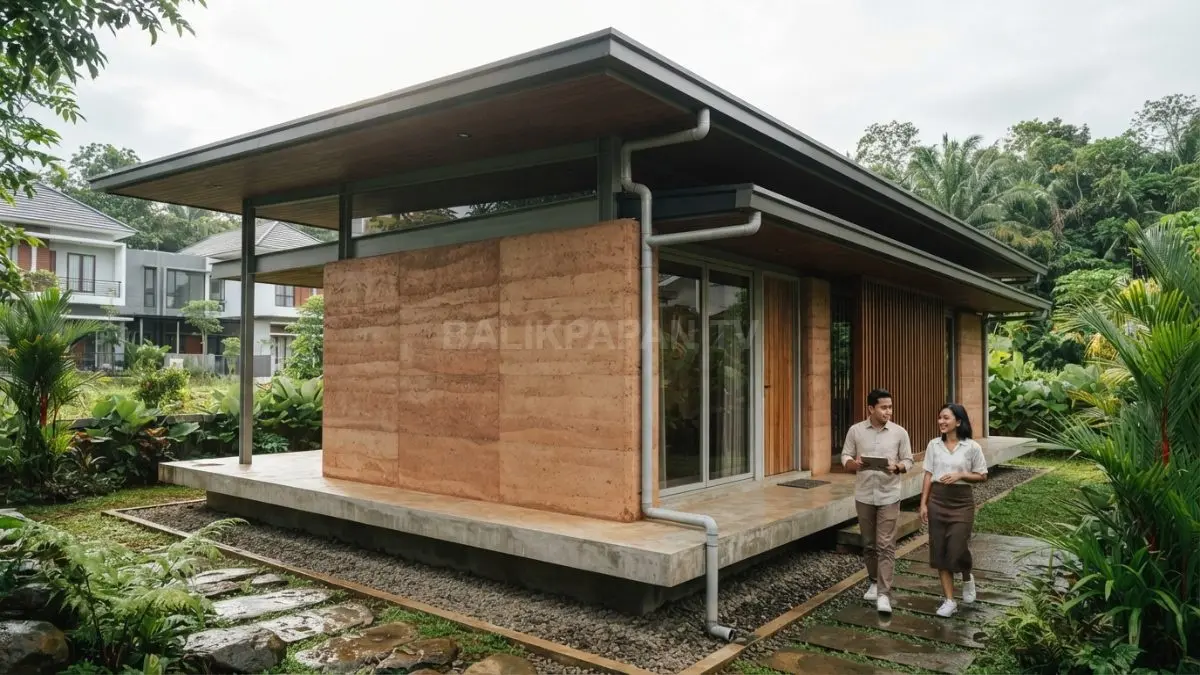 Atap lebar, talang, dan pondasi membantu melindungi dinding rammed earth dari hujan serta kelembapan tanah. (BTV/AI)