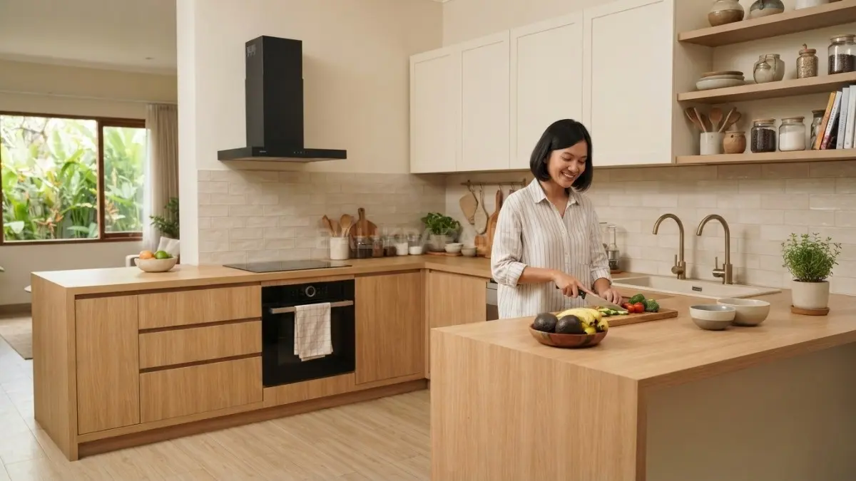 Cream dan light oak menciptakan dapur hangat, natural, rapi, dan nyaman dengan sentuhan kayu. (BTV/AI)