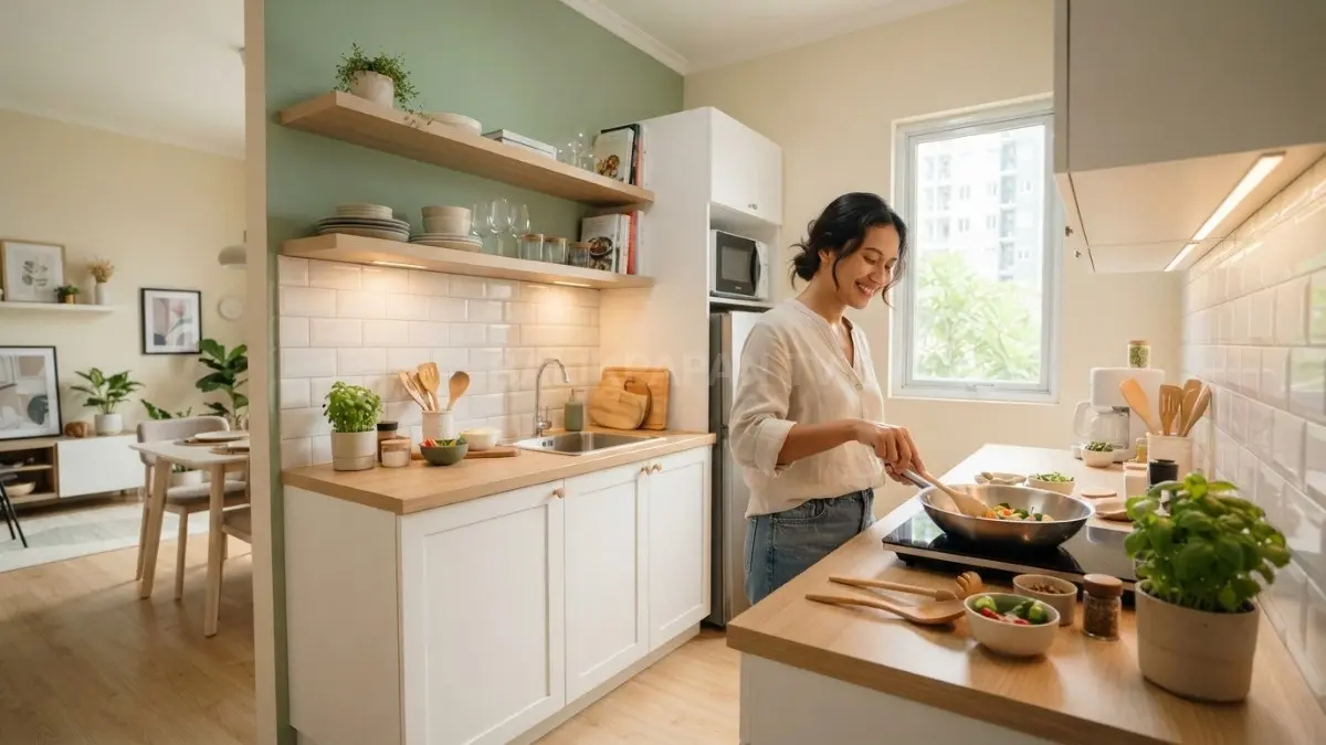 Dapur kecil dengan warna terang dan aksen lembut menciptakan kesan lapang, seimbang, nyaman, dan tidak monoton. (BTV/AI)