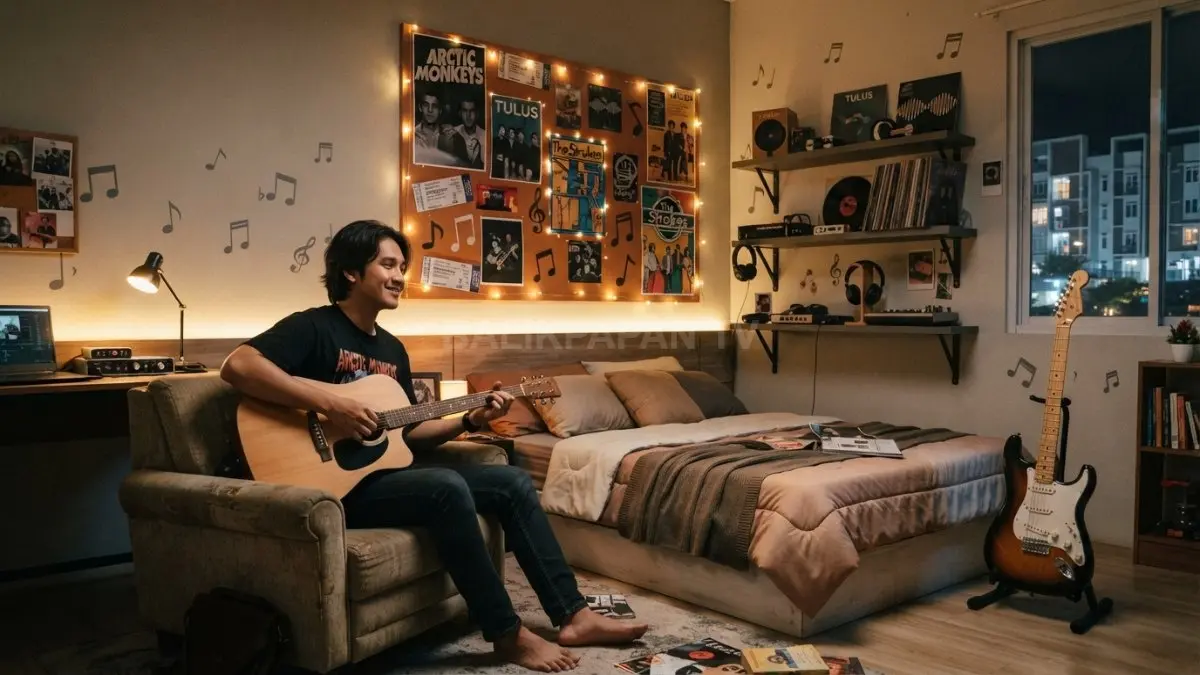 Dinding kamar dihiasi notasi musik dan poster koleksi untuk menghadirkan suasana personal sekaligus artistik (BTV/AI)