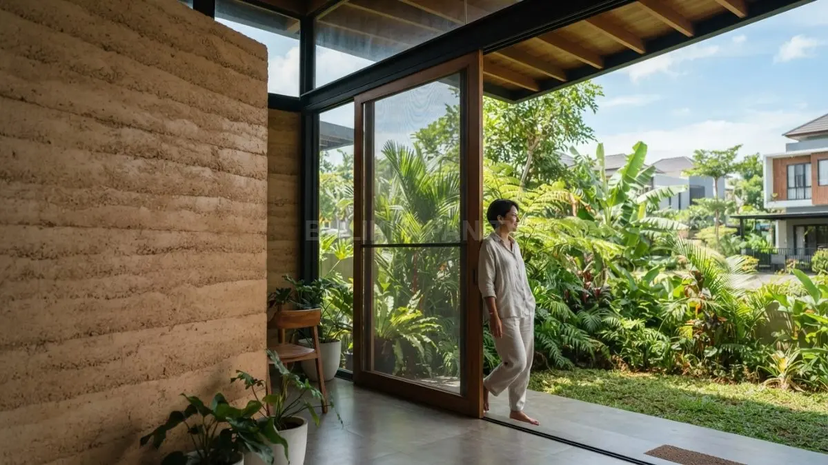 Dinding rammed earth membantu memperlambat perubahan suhu rumah tropis melalui massa termal yang dimilikinya. (BTV/AI)