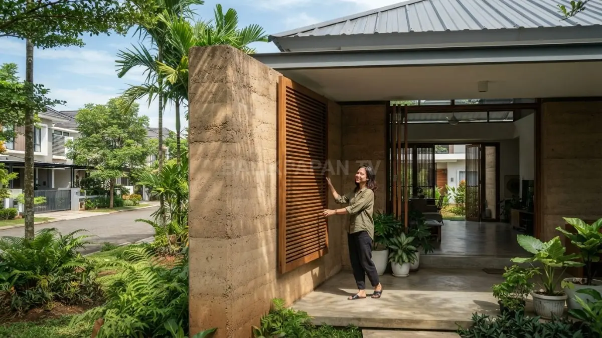 Dinding rammed earth memperlambat perubahan suhu, tetapi kenyamanan tetap dipengaruhi ventilasi dan shading. (BTV/AI)