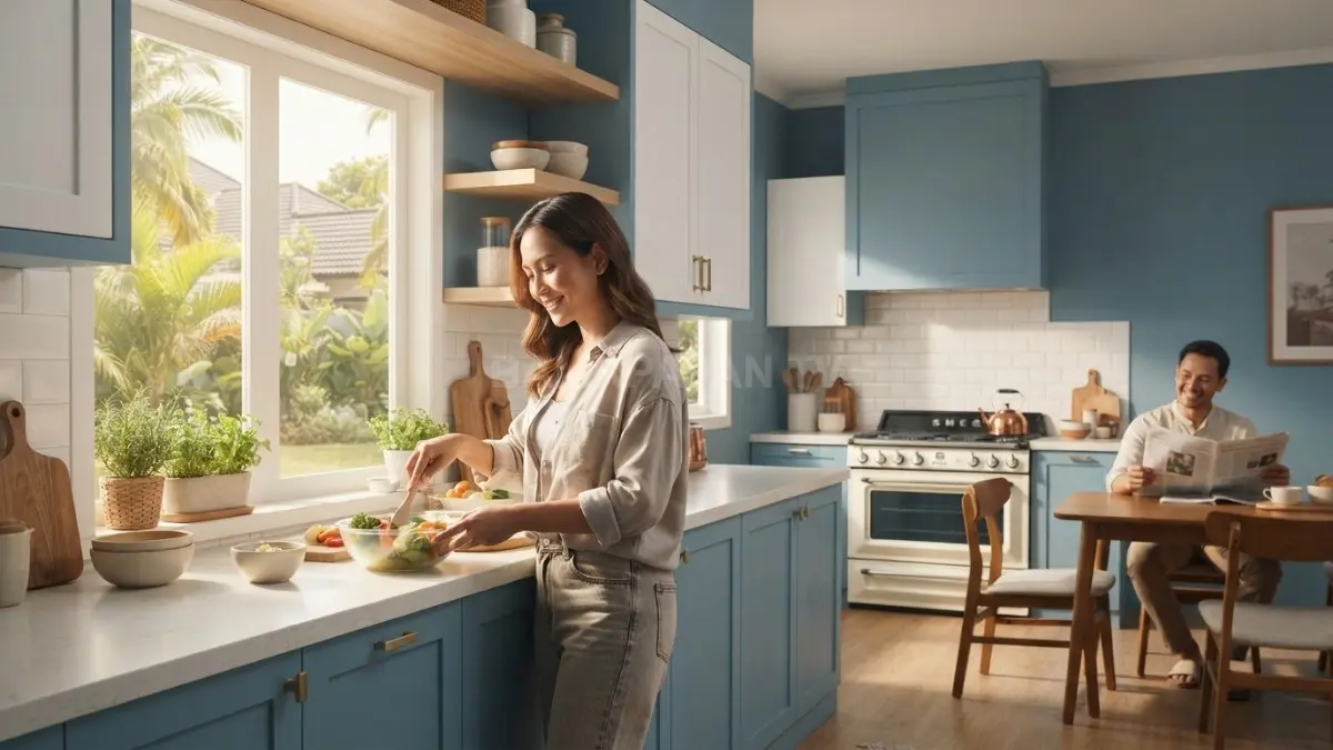Dusty blue memberi nuansa lembut pada dapur, cocok dipadukan kabinet putih atau kayu terang agar tetap ringan. (BTV/AI)