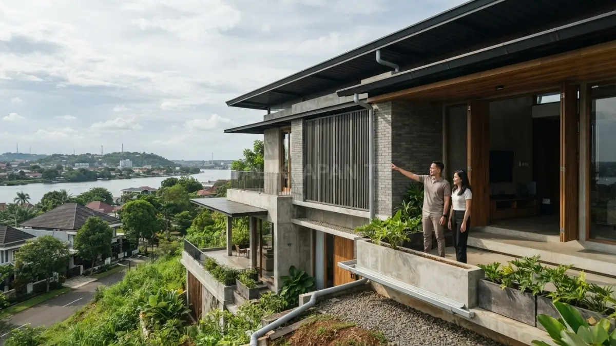 Envelope house Samarinda memadukan atap, dinding, bukaan, teras, naungan, dan drainase menghadapi iklim tropis basah (BTV/AI)