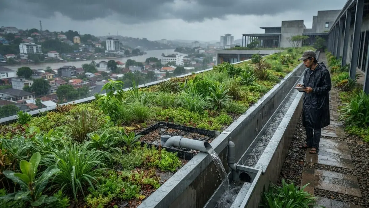 Green roof menahan limpasan hujan sementara, tetapi drainase tetap diperlukan agar sistem atap bekerja optimal. (BTV/AI)
