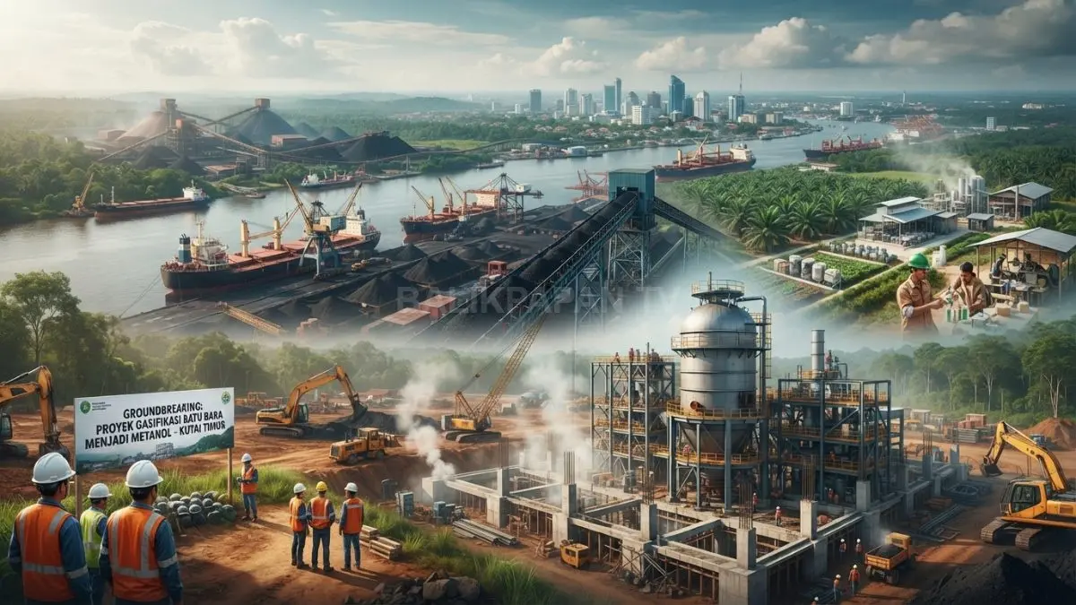 Ilustrasi Aktivitas tambang batu bara Kaltim dan proyek hilirisasi metanol menggambarkan pergeseran dari komoditas mentah menuju produk bernilai tambah. (BTV/AI)