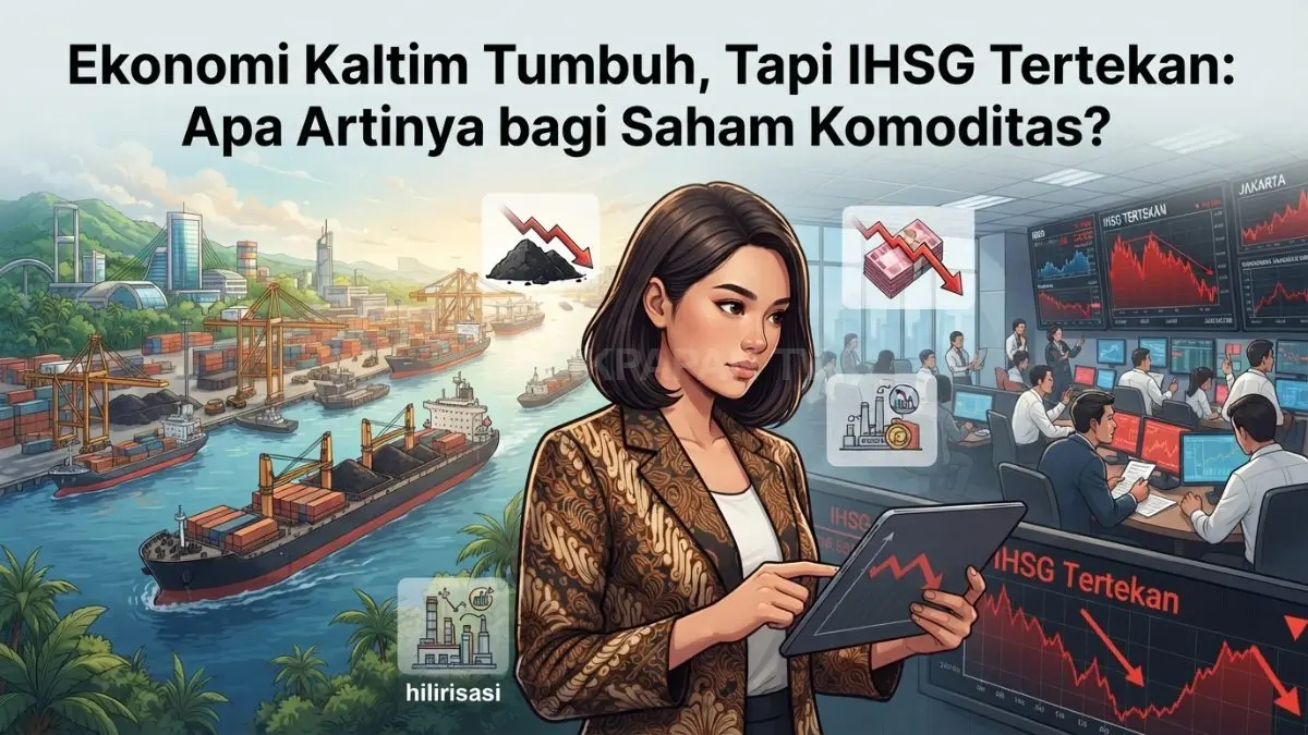 Ilustrasi Grafik ekonomi Kaltim dan pasar saham, menampilkan komoditas, rupiah, hilirisasi, serta pergerakan IHSG. (BTV/AI)