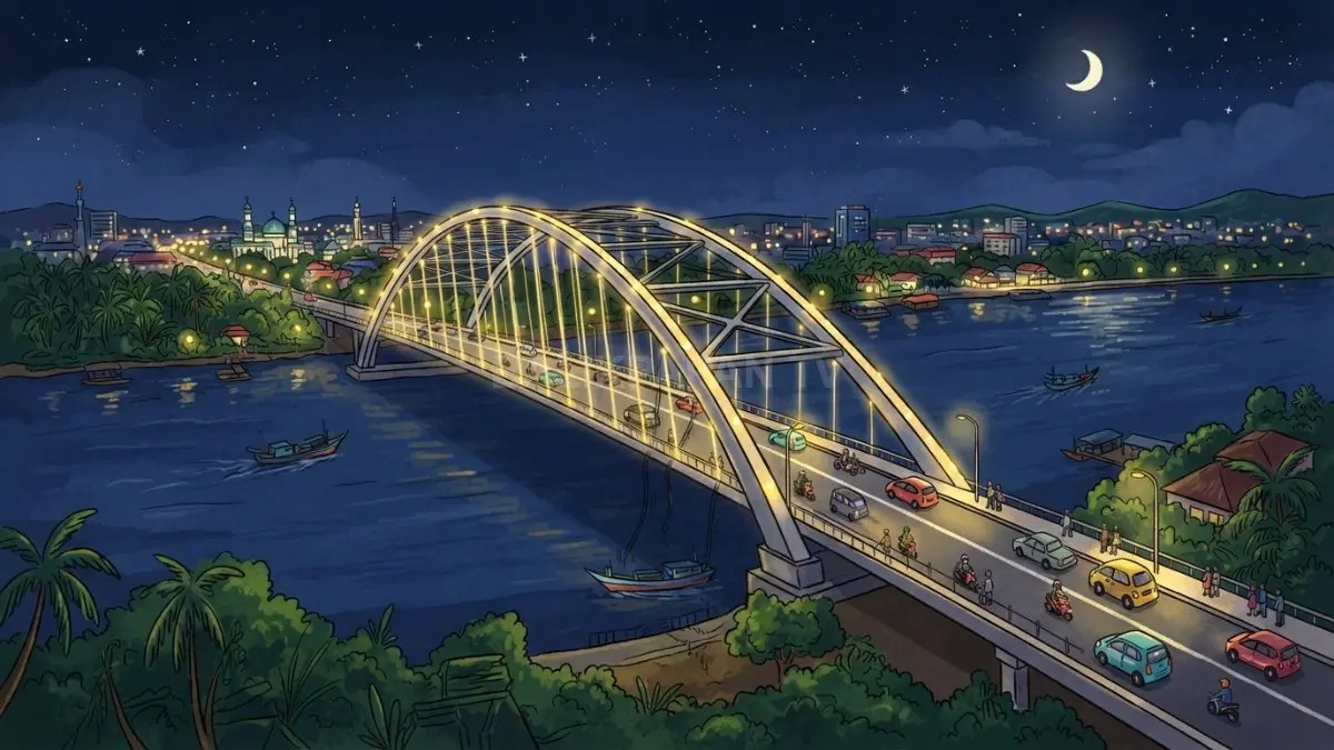 Ilustrasi Jembatan Mahakam Ulu kembali terang setelah penerangan dipulihkan menyusul pencurian kabel dan komponen kelistrikan. (BTV/AI)