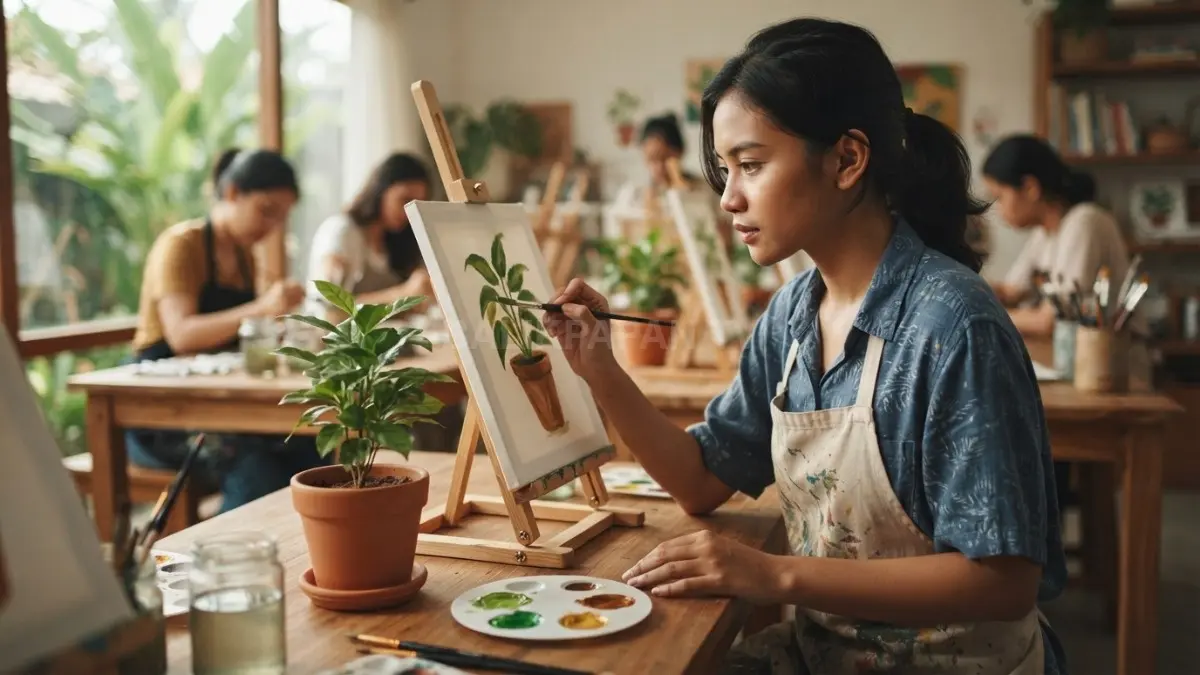 Ilustrasi Pemula melukis tanaman dalam pot dengan tiga warna di kanvas kecil, menggunakan benda sekitar sebagai referensi visual.