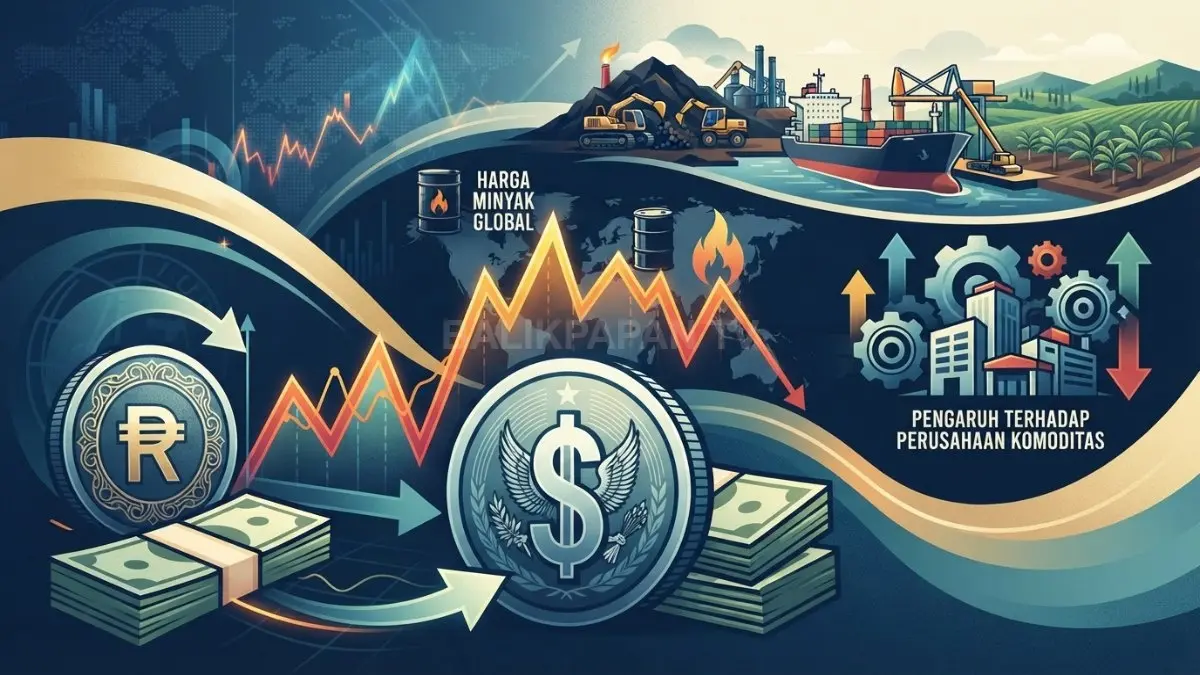 Ilustrasi rupiah terhadap dolar AS dan pergerakan harga minyak global untuk menggambarkan pengaruh kurs serta energi terhadap perusahaan komoditas. (BTV/AI)