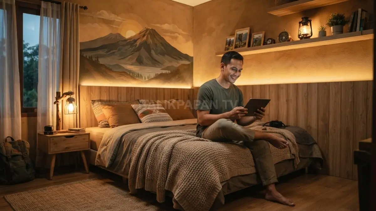 Kamar bertema gunung menghadirkan mural alam, kayu, pencahayaan hangat, dan dekorasi bernuansa kabin personal. (BTV/AI)