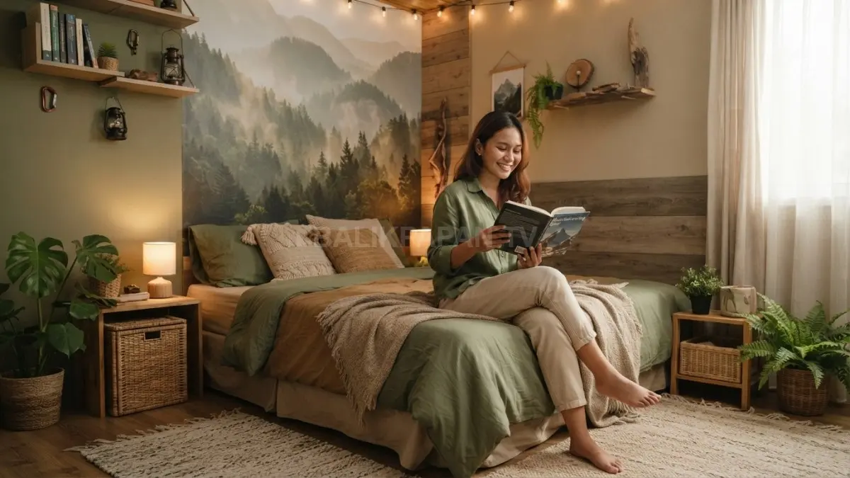 Kamar bertema gunung menghadirkan mural alam, material kayu, warna bumi, serta pencahayaan hangat sebagai kabin personal (BTV/AI)