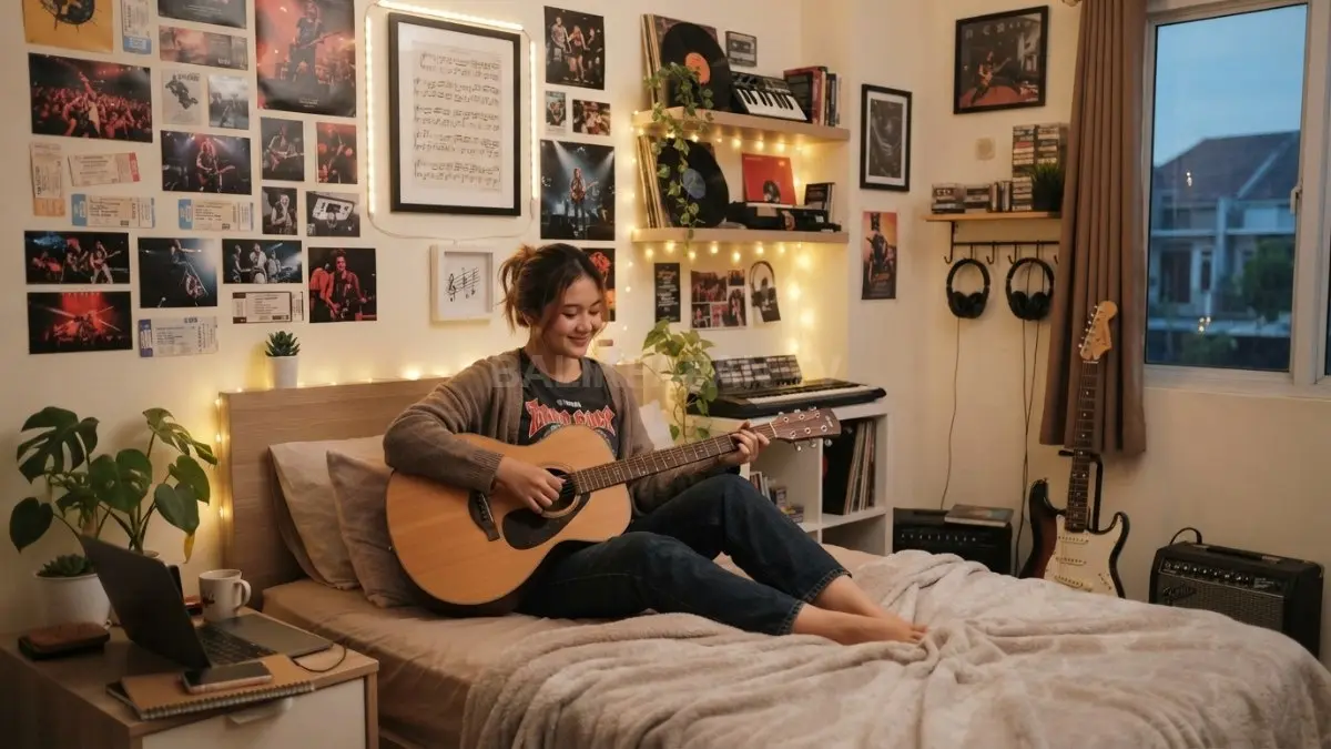 Kamar bertema musik memadukan notasi, gitar, koleksi, dan pencahayaan untuk menciptakan ruang personal nyaman (BTV/AI)