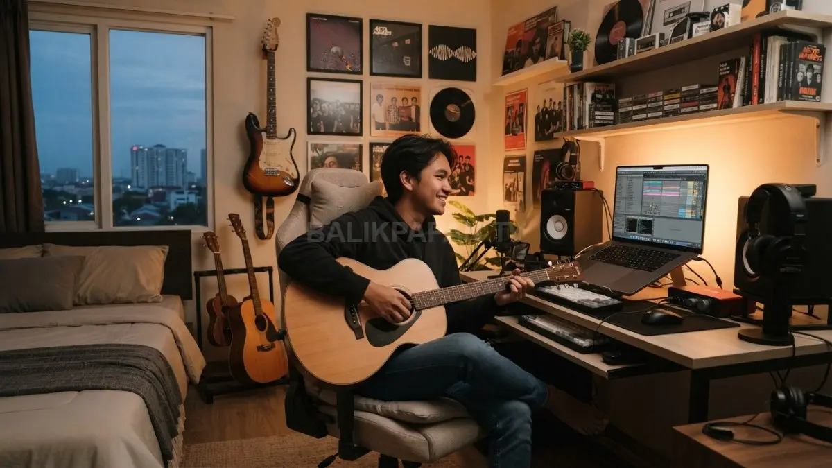 Kamar tidur bertema musik memadukan gitar, notasi, koleksi, pencahayaan, dan ruang istirahat yang nyaman bagi penghuni. (BTV/AI)