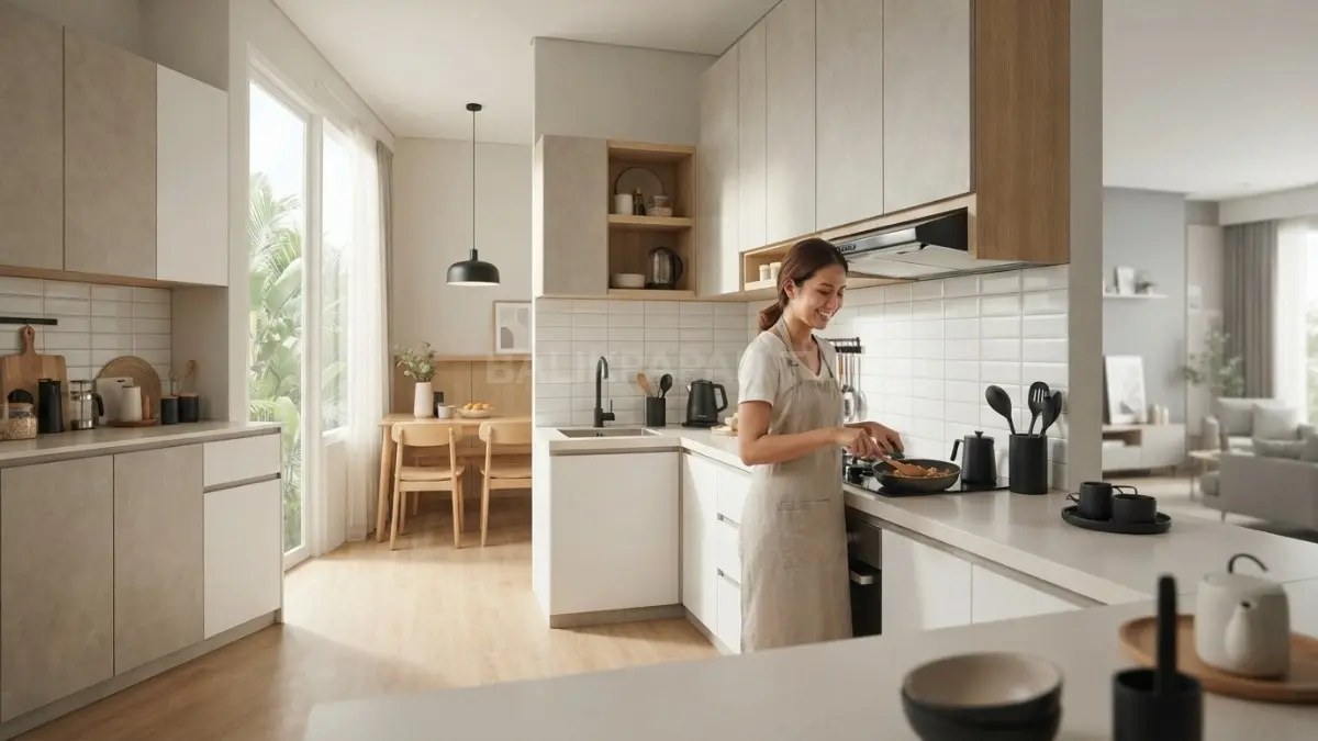 Light greige menghadirkan kesan modern, netral, dan lapang untuk dapur kecil dengan kombinasi warna yang harmonis. (BTV/AI)