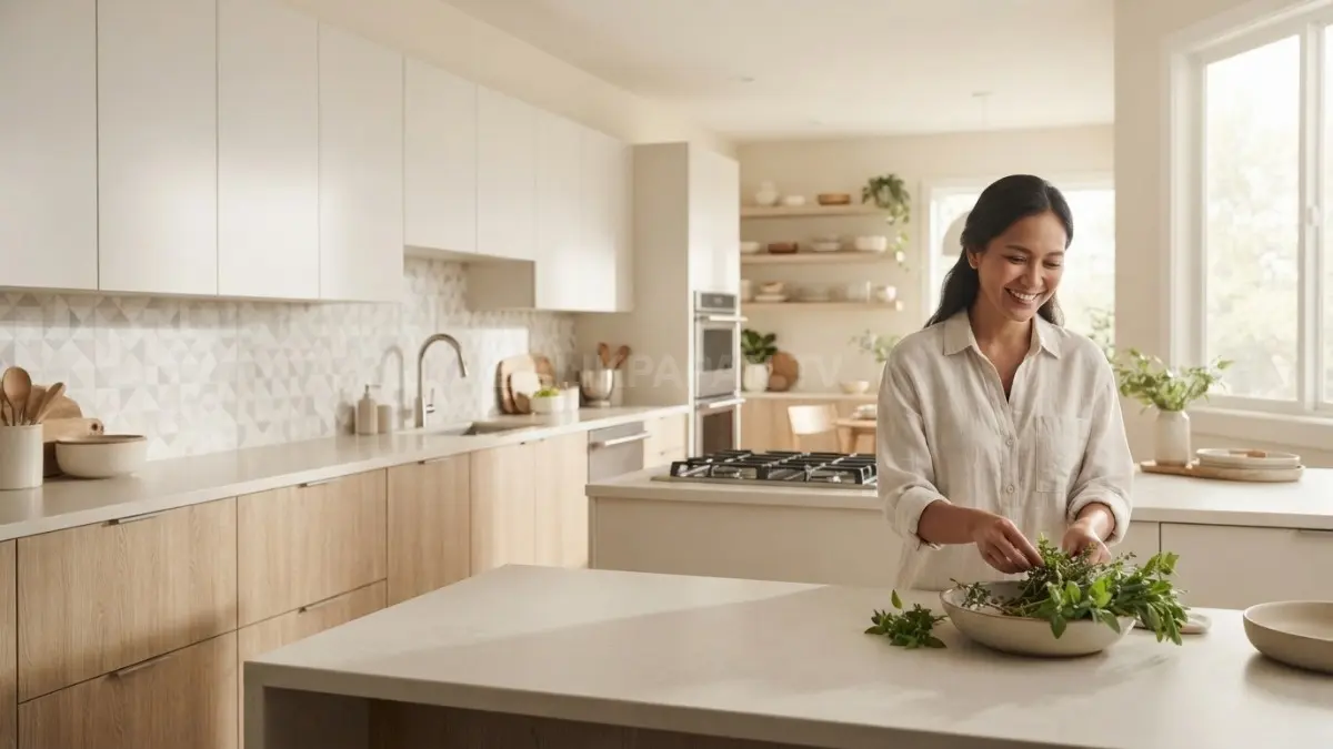 Off-white dan ivory membuat dapur terasa bersih, hangat, luas, cocok dipadukan dengan kayu, putih, dan abu muda. (BTV/AI)