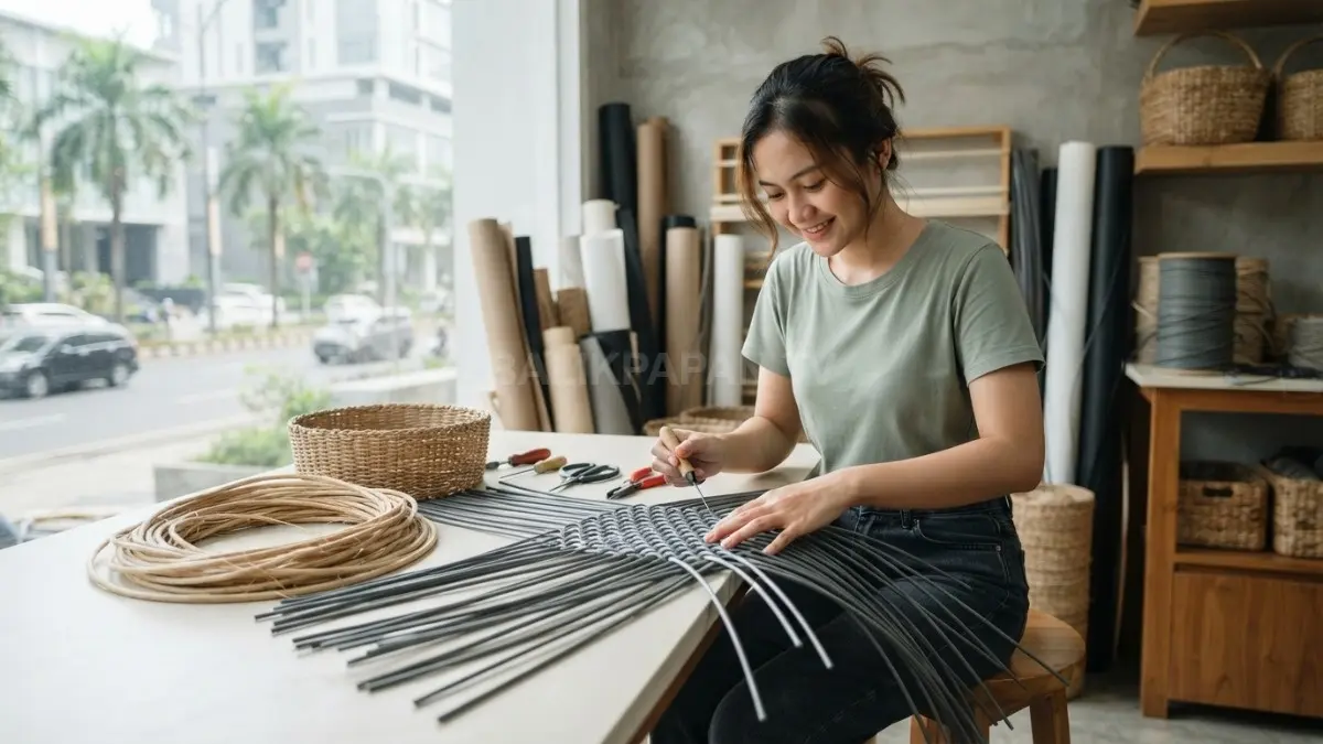 Perbedaan karakter rotan alami, sintetis, kayu lunak, dan keras membantu pemula menentukan material DIY sesuai keterampilan (BTV/AI).