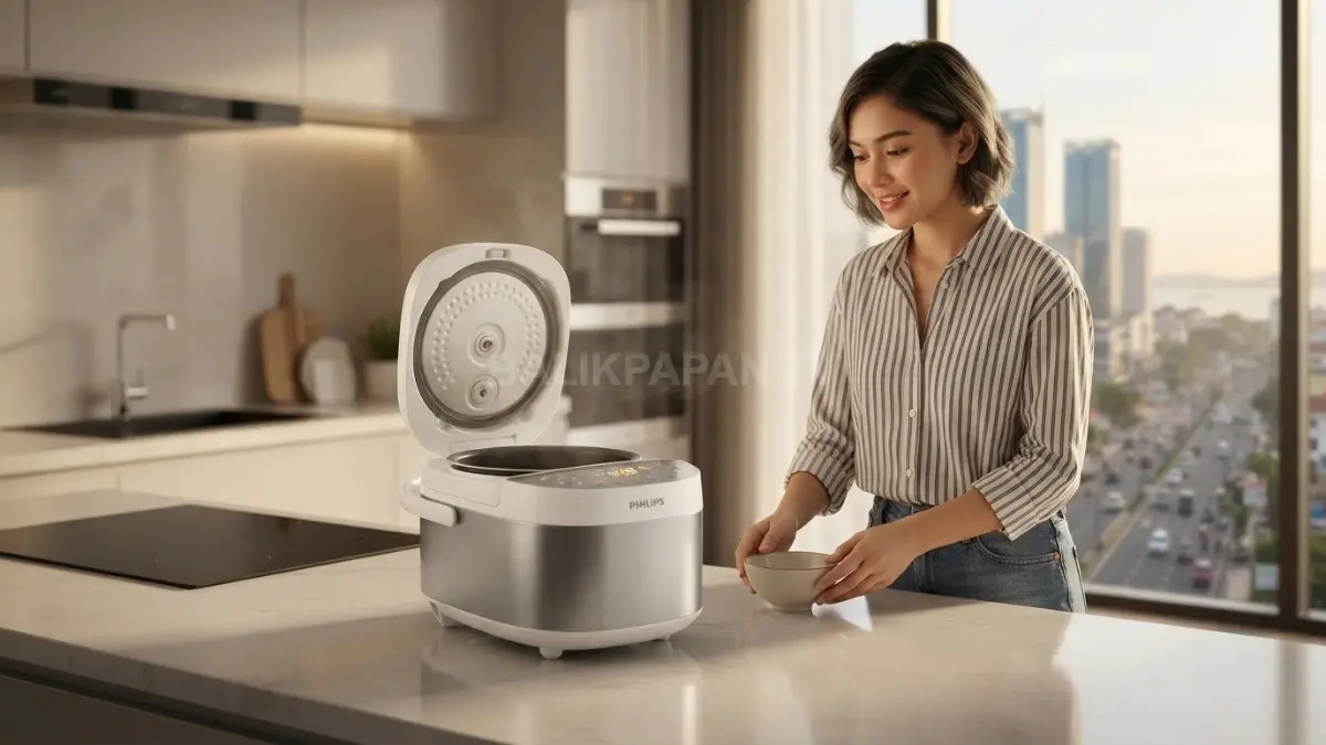 Philips HD3170/33 memanfaatkan Fuzzy Logic, sensor suhu ganda, dan keep warm untuk menjaga nasi hangat. (BTV/AI)