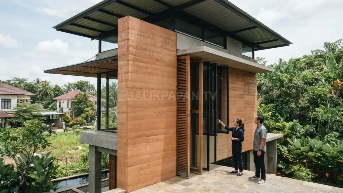Rammed earth dan ventilasi saling melengkapi untuk membantu mengatur panas serta kenyamanan rumah tropis di Balikpapan. (BTV/AI)