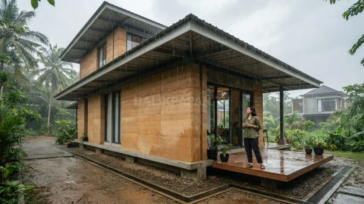Rammed earth perlu perlindungan dari hujan agar dinding tetap awet menghadapi iklim lembap Balikpapan. (BTV/AI)