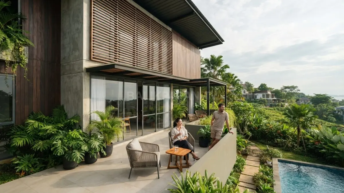 Rumah tropis Balikpapan memadukan fasad, bukaan, teras, dan ventilasi untuk menghadapi iklim lembap sepanjang tahun. (BTV/AI)