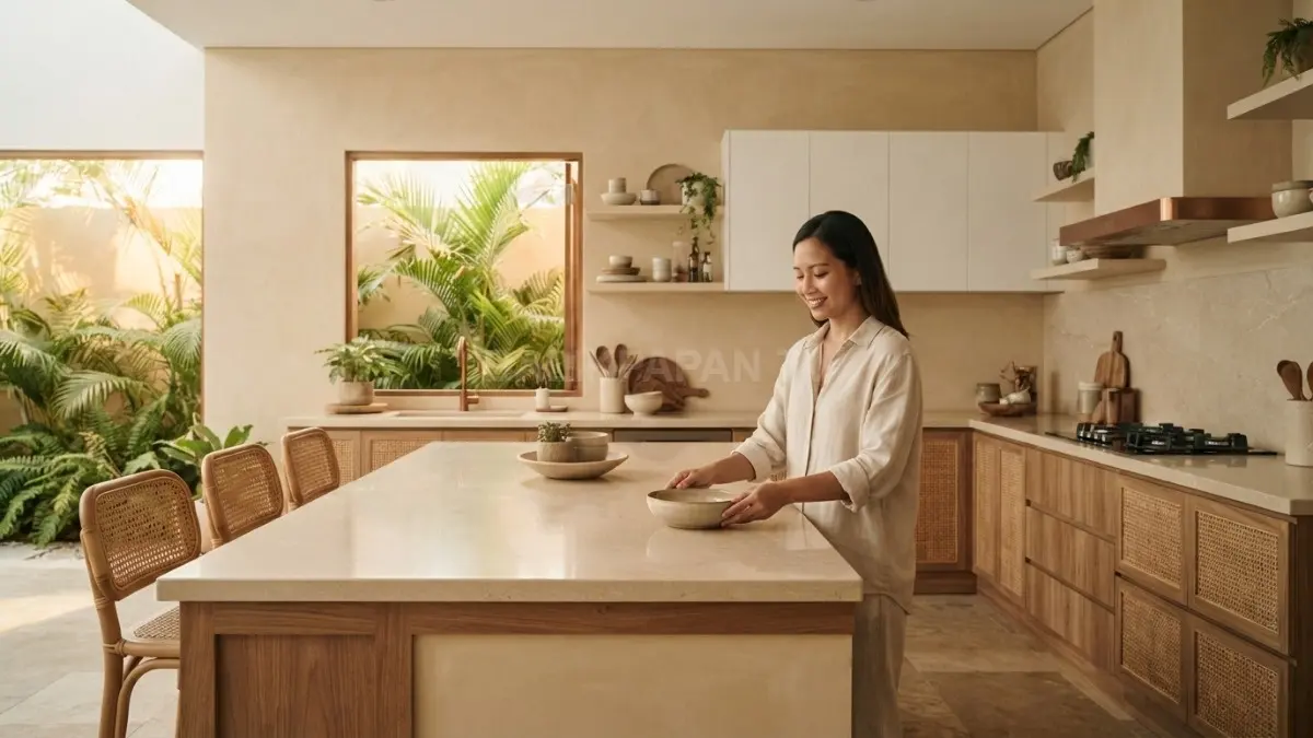Warm beige memberi nuansa hangat pada dapur tropis, cocok dipadukan kayu, rotan, dan kabinet putih (BTV/AI).