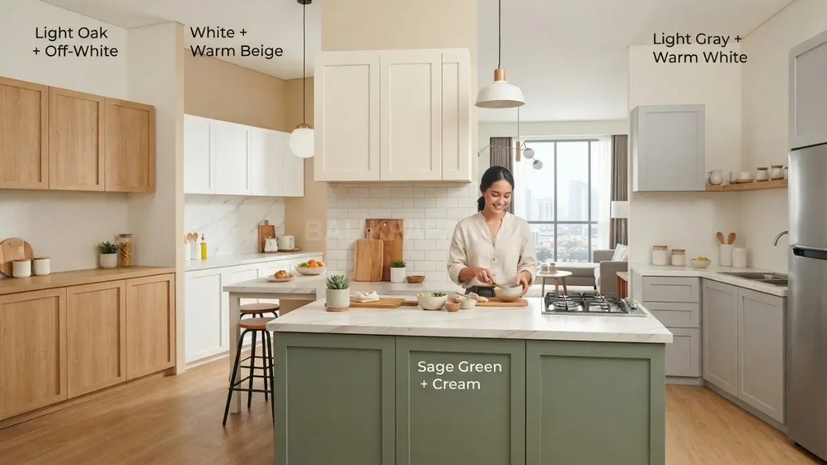 Warna dinding sebaiknya selaras dengan kabinet dan backsplash agar dapur terasa harmonis, terang, nyaman, serta tidak berlebihan. (BTV/AI)